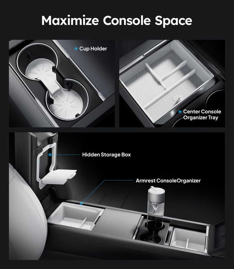 Wigoo Tesla New Model Y Juniper & Model 3 Center Console Organizer [Double Layer Space, Slide smoothly] Model 3 (2024~2025)/New Model Y Juniper Accessories, 4PCS White - Image 3